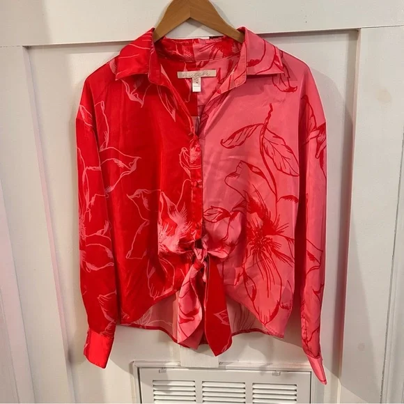 Hutch Robbie Shirt floral two tone tie front button down blouse cuffs - Picture 2 of 8